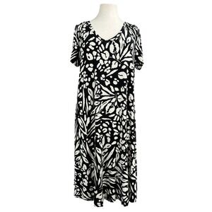 Nicole Miller Womens T-Shirt Dress Black White Graphic Botanical V-Neck 1X